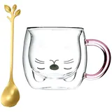 Xiuyer Gläser Doppelwandige Kaffeegläser, Doppelwandige Latte Macchiato Gläser Mit Löffeln Glasbecher Cocktailgläser Wein Tasse Schnapsgläser für Whisky Wodka Absinth 250ml(Katze)