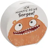 Kummerschlucker Spardose mit Spruch Ich mampfe Deine Sorgen Sorgenfrei mit dem Sorgenfresser-Freund Wunscherfüller für Deine Sorgen Lustiger Mund und Zähne