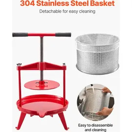 Vevor Obstweinpresse Obstmühle Apfelmühle (9 L), Edelstahlkorb mit dreieckiger Struktur, manueller Entsafter, manuelles Mahlwerk, Apfelweinpresse Traubenpresse mit T-Griff für Küche Zuhause