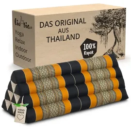 Livasia Rückenstützkissen breit für Paare - 33x80x30cm - Dreieckskissen für Garten und Balkon, Keilkissen mit Kapok, handgefertigt, Meditationskissen (Schwarz/Orange)