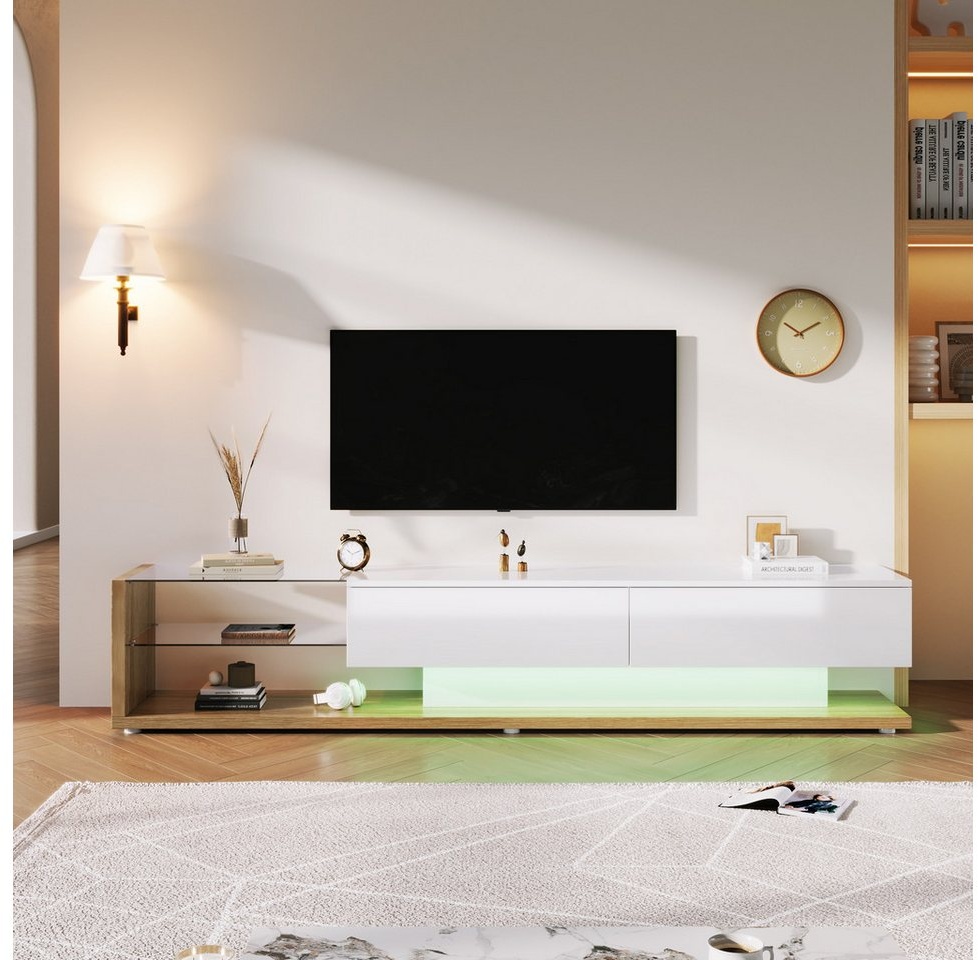 XDOVET TV-Schrank Lowboard Hochglanz-TV-Schranktisch TV-Tisch mit LED-Beleuchtung Glastrennwände variable Laterne natürlichen mit modernem Design weiß