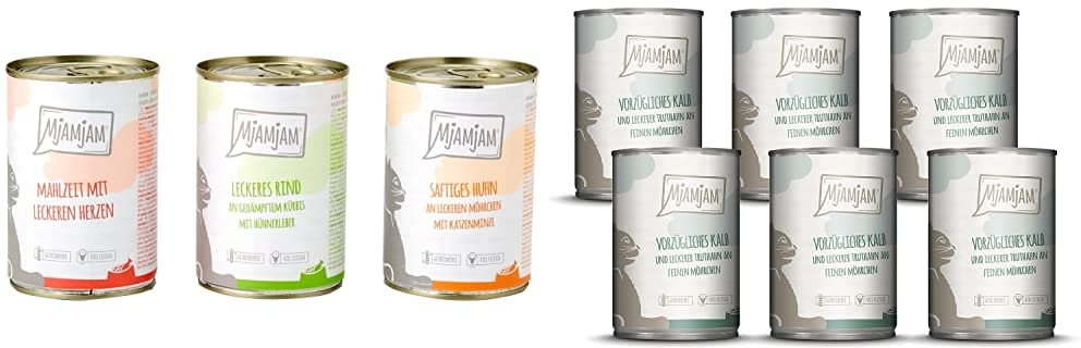 MjAMjAM - Premium Nassfutter für Katzen - Mixpaket 1 - Huhn, Rind, Herzen, 6er Pack (6 x 400 g), getreidefrei mit extra viel Fleisch & Premium Nassfutter für Katzen, 6er Pack (6 x 400 g)