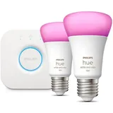 Hue White & Color Ambiance Starter-Set: E27 - Smarte Lampe A60 Doppelpack inklusive Hue Bridge