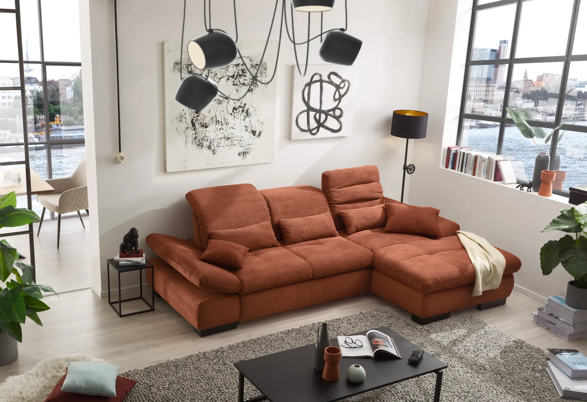 Ecksofa SET ONE BY MUSTERRING "SO4100 V" Sofas Gr. B/H/T: 284cm x 80cm x 190cm, Breitcord, Recamiere rechts, mit Kopfteilverstellung-mit Schwenkrücken-mit Armteilverstellung-mit Nierenkissen-Federkern-mit Nierenkissen-Federkern-Federkern-Wellenunterfederung, rosegold (kupfer) mit verstellbaren Kopfteilen, wahlweise Funktionen, Cord-Bezug