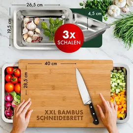 Blumtal Schneidebrett Bambus mit 3 Auffangschalen 40 x 28,5 cm Weiß