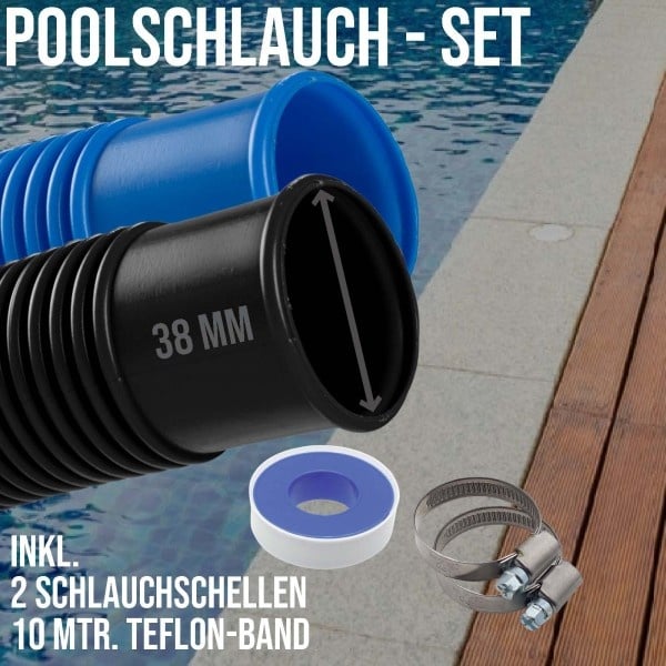 38 mm Pool Schwimmbad Solar Ansaug Saug Teich Schlauch SET - blau / schwarz