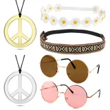 Hippie Kostüm Set 6 Stück Hippie Kostüm Accessoires Vintage inkl. 2 x Hippie Brillen, 2 x Peace Ketten, 1 x Gänseblümchen Haarband und 1 x Böhmen Stirnband für 60er 70er Jahre Outfit Damen und Herren