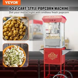 Vevor Popcornmaschine Popcornautomat Popcorngerät mit Wagen 850 W Popcornmaschine 8 oz Kessel für 48 Tassen pro Ladung, Popcornmaschine mit gehärtetem Glas, inkl. 4 Schaufeln, Kino-Stil, rot