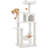 Songmics Kratzbaum, 143 cm hoch, Katzenbaum, mehrstöckiges Katzenhaus, mit 4 Kratzsäulen, 2 Plattformen, Hängematte, cremeweiß