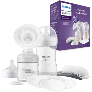 Philips Avent Handmilchpumpe, Geschenkset – Einzelmilchpumpe, Babyflachen mit 260 ml und 125 ml, BPA-frei, 4 Einweg-Stilleinlagen, Polypropylen, Transparent (Modell SCD430/60)