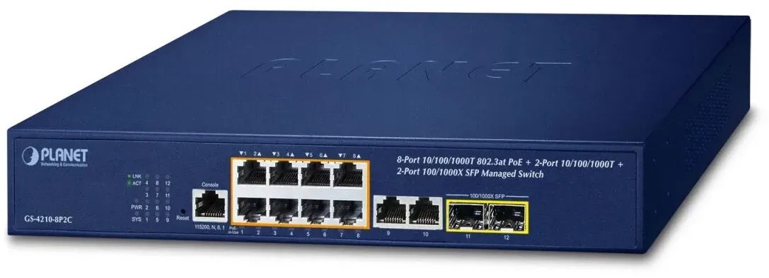 PLANET IPv4/IPv6, 8-Port Managed L2/L4 Gigabit Ethernet (10/100/1000) Power over Ethernet (PoE) 1U Blau