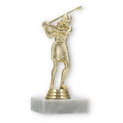 Pokal Kunststofffigur Golf Damen gold auf weißem Marmorsockel 15,0cm