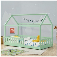 Juskys Kinderbett Marli 90 x 200 cm mit Matratze, Gitter, Lattenrost & Dach - Bett Mint