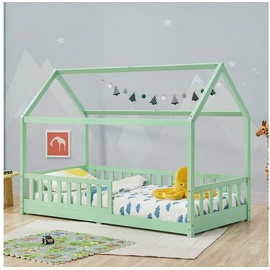 Juskys Kinderbett Marli 90 x 200 cm mit Matratze, Gitter, Lattenrost & Dach - Bett Mint