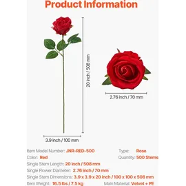 Vevor Künstliche Blumen Rosen, 500 Stück Kunstblumen, Rote Gefälschte Rose mit Stielen, Schaumrosen für DIY Hochzeit Blumensträuße Braut Valentinstag Muttertag Zuhause Dekoration