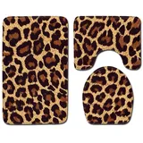 Bad Teppiche Set 3-Teiliges Brauner Leopardenmuster WC Vorleger Mit Ausschnitt Badematte Saugfähig WC Deckelbezug Badvorleger rutschfest Waschbar Toilettensitzbezug Badgarnitur (45x75cm)