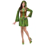 Brandsseller Damen Hippie Kostüm S/M – Buntes 70er Jahre Blumenkind Kleid mit Kopfschmuck – Hippie Damenkostüm für Karneval, Fasching & Halloween – Bequemes grünes Polyesterkleid
