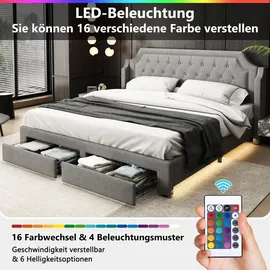 Flieks Polsterbett 180x200cm Doppelbett 2 Schubladen und Led, Stauraumbett Massivholzbett mit Lattenrost und Kopfteil, Funktionsbett Leinen, Grau - Grau