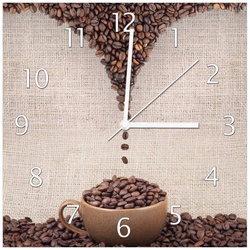 Wallario Wanduhr Tasse mit Kaffeebohnen – Kaffeedesign (Glasuhr) braun 30 cm x 30 cm