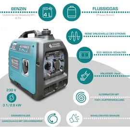 Könner & Söhnen LPG/Benzin-Inverter-Generator KS 3100iG S von Könner & Söhnen. Notstromaggregat 3100 W, Schuko-Steckdose 230 V, 2 USB-Anschlüsse, LED-Anzeige, ECO-Modus, Kupferwicklungen, stromerzeuger EURO V.