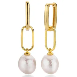 Paar Creolen FIRETTI "Schmuck Geschenk, Ohrschmuck Perle kombiniert mit Gliederkette", gold (gelbgoldfarben, weiß), Ohrringe, Damen, Silber 925 (Sterlingsilber)-Perlen, Silber 925 (Sterlingsilber), Perlen, Made in Germany - mit Süßwasserzuchtperle - Einhänger abnehmbar