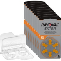 60x Rayovac Extra Advanced 13 Hörgerätebatterien 10x6er Blister PR48 Orange 24606 + Aufbewahrungsbox für 2 Hörgerätebatterien (10, 13, 312, 675), Batteriebox für 2 Knopfzellen bis 12 mm x 6 mm (Ø x H)