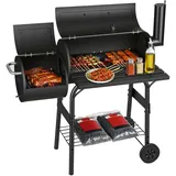 Jaxguom Holzkohle Grill Multifunktionaler mit Thermometer, Räucherofen und Grillfunktion, Grill mit Deckel, Rädern, Grillwagen mit Luftregulierung