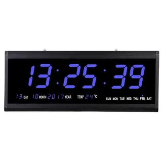 Dettchan Blau LED Digital Wanduhr Mit Leuchtender Anzeige, Kalender, Funk, Thermometer - Für Zimmer, Küche, Büro 48×19×3cm
