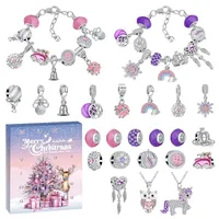 2025 Adventskalender Schmuck, Countdown-Anhänger-Kalender, 24 Tage Weihnachts-Countdown-Kalender, Elch Karikatur Charm Armband Halskette Set, für Mädchen, Kinder, Frauen