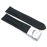 Sulla 24mm Uhrenband Genuine Leder Armband mit Faltschließe aus Edelstahl Schwarz Rote Naht
