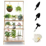 Ejoyous Multifunktionales mehrschichtiges Blumenregal Bambuspflanzentreppen für mehr Pflanzen und Hängekörbe, für Innenbalkon, Wohnzimmer, Gartendekor im Freien 68,5 x 40 x 96 cm
