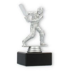 Pokal Kunststofffigur Cricket Schlagmann silbermetallic auf schwarzem Marmorsockel 14,0cm