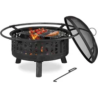 Relaxdays Feuerschale mit Grillrost & Funkenschutz, Schürhaken, Kohlerost, Ø 75 cm,