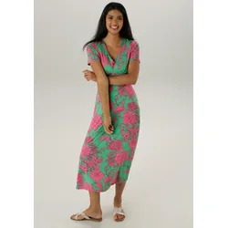 Sommerkleid ANISTON SELECTED, Damen, Gr. 46, N-Gr, pink (pink, mintgrün, schwarz), Single Jersey, Jersey, Obermaterial: 95% Viskose, 5% Elasthan, geblümt, bedruckt, casual, figurbetont knöchelfrei, V-Ausschnitt, Halbarm, Kleider, mit abstrakten Blüten- und Blätterdruck - NEUE KOLLEKTION