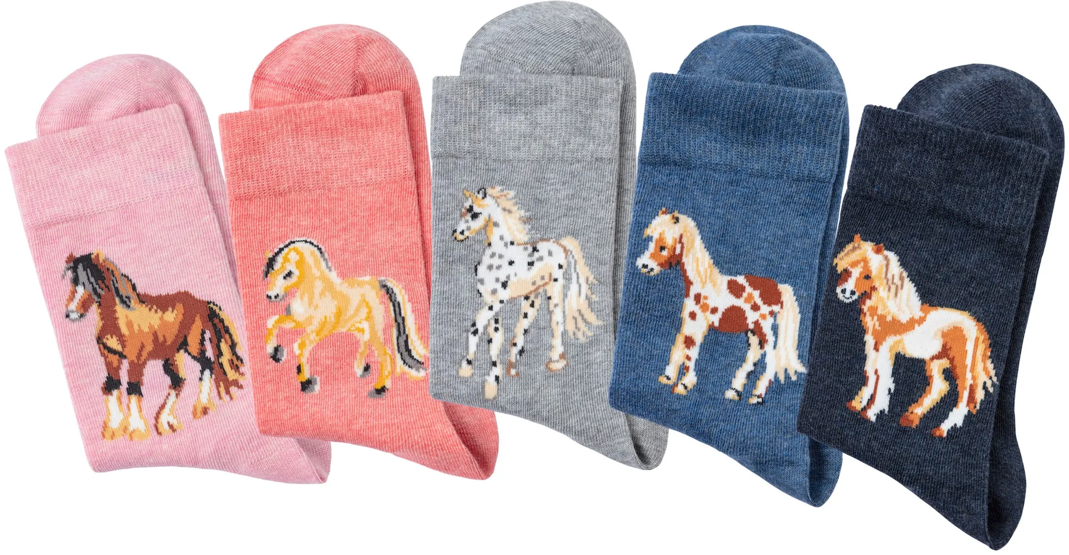 H.I.S Socken, (Packung, 5 Paar), Mit unterschiedlichen Pferdemotiven, Gr. 23-26, 1x hellrosa-meliert, 1x lachs-meliert, 1x hellgrau-meliert, 1x jeans-meliert, 1x dunkel jeans-meliert, Socken, 74784614-23