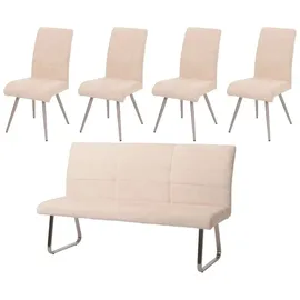 MCW Esszimmer-Set MCW-G55, 4er-Set Stuhl + Sitzbank 180cm, Edelstahl gebürstet Stoff/Textil Chenille ~ creme