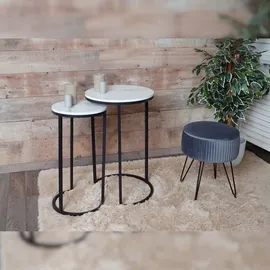 Mendler 2er-Set Beistelltisch HWC-K46, Kaffeetisch Nachttisch Loungetisch, Marmor-Optik MDF ~ weiß-schwarz