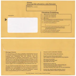Postzustellungsumschläge DIN Lang „ Förmliche Zustellung “ - Zustellungshüllen mit Fenster (110 × 220 mm), Recycling-Gelb, haftklebend - ZPO-konform (DIN Lang, 25, Anzahl)