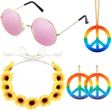 Quesuc 4-teiliges Hippie-Kostüm-Set, inklusive Sonnenbrille, Friedenszeichen-Anhänger, Blumenkrone, Stirnband, Ohrringe, 60er- oder 70er-Jahre-Party-Zubehör für Damen und Herren, mehrfarbig, 20 x 18,5