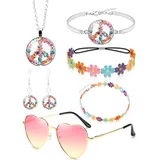 TPZORJX 6pcs Hippie Kostüm Damen Accessoires Set, 70er hippie flower power accessoires, Peace Kette Und Ohrring, mit Sonnenbrille, 60er 70er Jahre Bekleidung, Motto Party Halloween Fasching Karneval