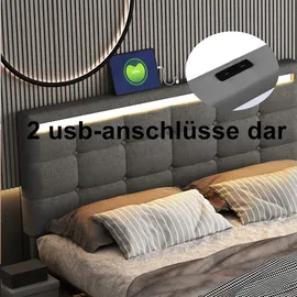 XDOVET Polsterbett mit Schubladen USB-Ladestationen und LED-Kopfteil-Fußteil Doppelbett Erwachsenenbett Stauraumbett 140*200cm Grau - Grau