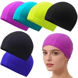6 Stücke Badekappen für Damen und Herren, Lycra Schwimmhauben, Klassische Stoff Badehauben mit Ohrenschutz, Flexible Schwimmkappen, Weiche und Bequeme Bademützen