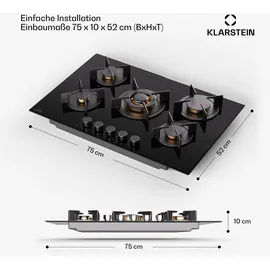 Klarstein Gaskocher 5 Flammig, Einbau-Gaskocher für Innenbereich & Wohnmobil, 10400W Edelstahl-Gaskocher, 5 Flammen Gaskocher, Gasherde mit