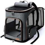 Lekesky Groß Katzenrucksack Hunderucksack für Katzen und Hunde bis 8-10kg, Erweiterbar Faltbare Haustier Rucksack mit Innerer Sicherheitsleine und 2 Haustiermatte, Grau
