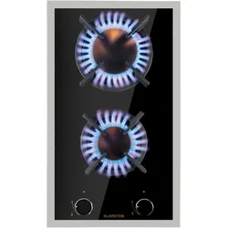 Klarstein Goldflame Domino Prime Gaskochfeld 2-flammig Messing-Brenner Glaskeramik Schwarz / Silber-Metallic