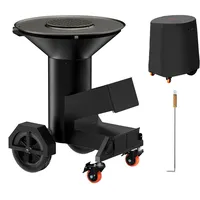 Onlyfire Großer Raketenofen mit Plancha Grillplatte 60cm, BBQ Feuerplattengrill Feuerschale mit Feuerplatte Holzkohlegrill für Terrasse & Garten, inkl. Rädern, Ascheschieber und Abdeckung, Schwarz