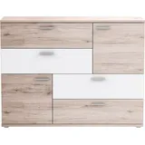 Forte Skive Kommode mit 2 Türen und 4 Schubladen, Holzwerkstoff, Sandeiche / Weiß, 124.9 x 41.3 x 95.9 cm