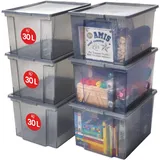 Iris Ohyama Vielseitige Aufbewahrungsboxen, 30L, 6er-Set, Grau, Leicht schließba Deckel, Stapelbar, Plastik, Für Schrank, Regale, Organisation, Kleidung, Bettlaken, Garage, USB-M