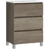 Baikal 280034515, Badezimmerschrank TRIX 50 cm, 3 Schubladen, Wandaufhängung, mit Waschbecken aus Keramik, Melamin 16, Finish in Nebraska, Maße: 50 x 75 x 46 cm