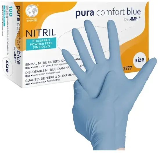 Nitrilhandschuhe Ampri pura comfort blue S Gr. 7, puderfrei, unsterile Nitrilhandschuhe, 100 Stück/Box